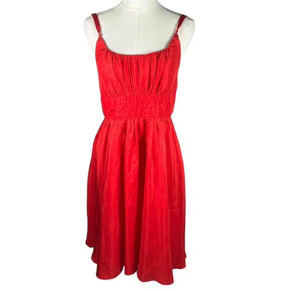 Moulinette Soeurs Red Silk Midi Dress Size 8 Smocked Waist Flawed Spots - Picture 1 of 16
